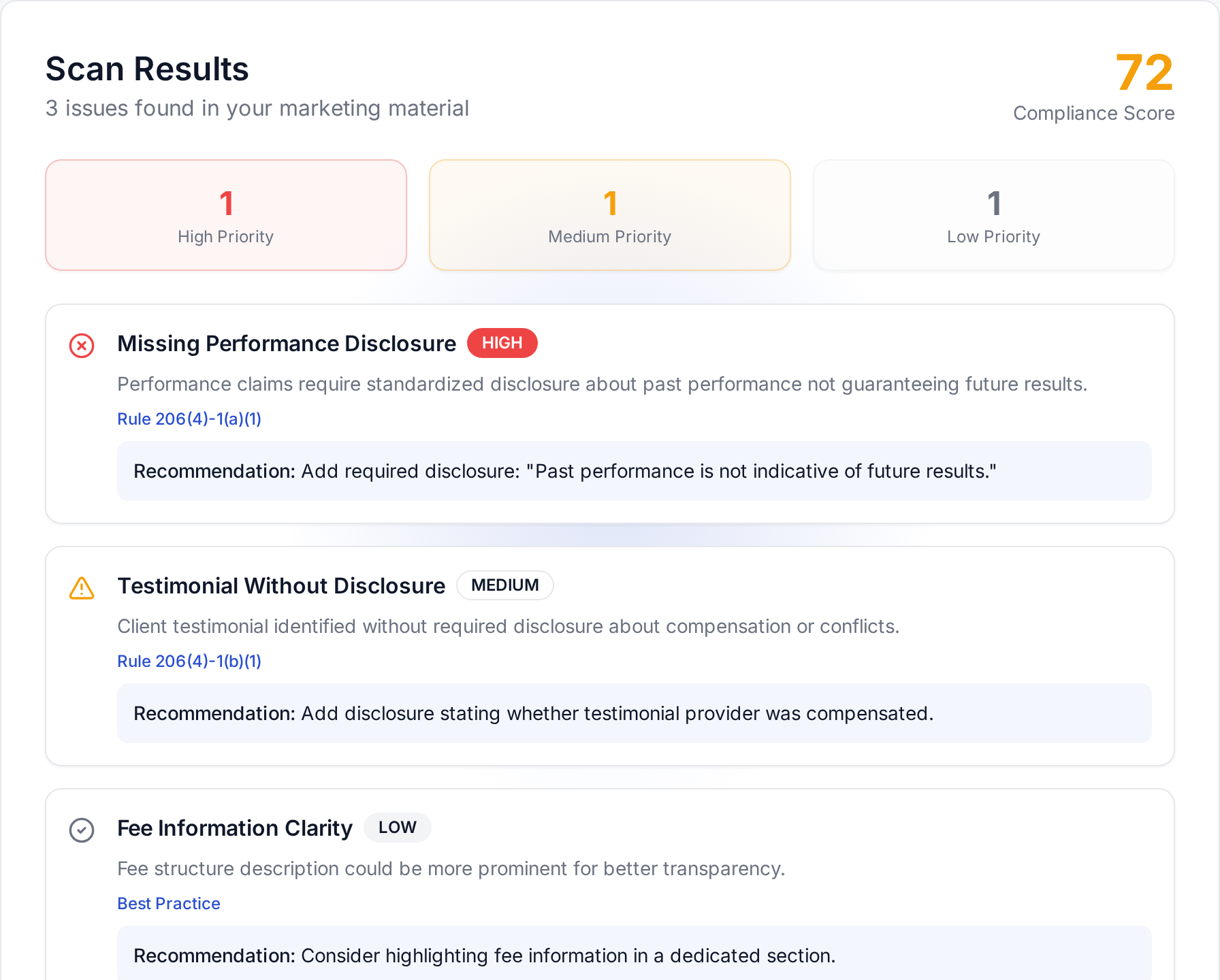 ADScanner sample marketing review with priority findings and disclosures